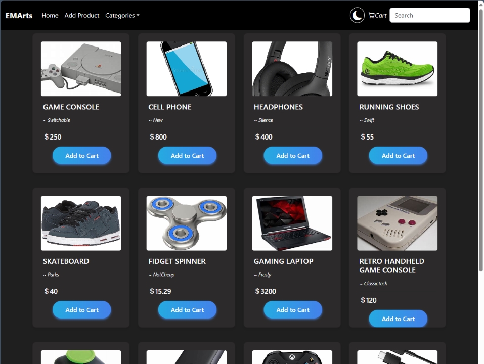 Home page for the e-store application